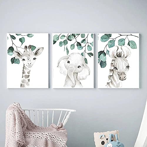 IBUKHSDGYIFH Safari Baby Zebra Giraffe Eukalyptus Tiere Wandkunst Leinwand Malerei Nordic Poster und Drucke Kindergarten Kind Babyzimmer Dekoration Ungerahmt-50x70cmx3