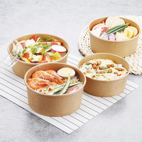 HOT BARGAINS Kraft Paper Salad Bowls with Lids, 35oz/1000ml, Disposable Food Containers for Takeaway, Pack of 50