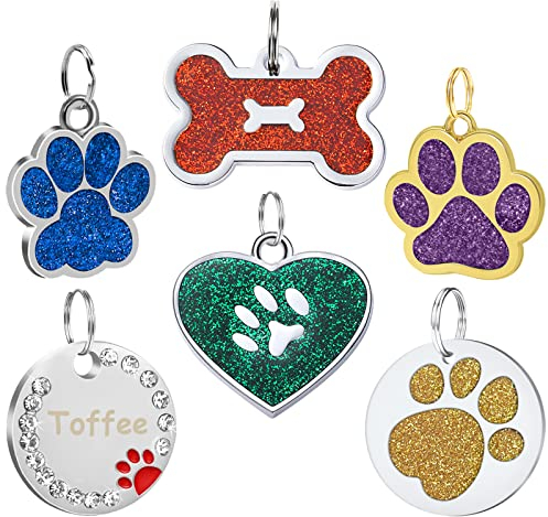 CAMAL Chapa Perro Grabada, Placas Identificativas Perros Personalizables, Medalla Purpurina Para Gatos y Perros con Diferentes Formas (Huella de Metal Plateado)