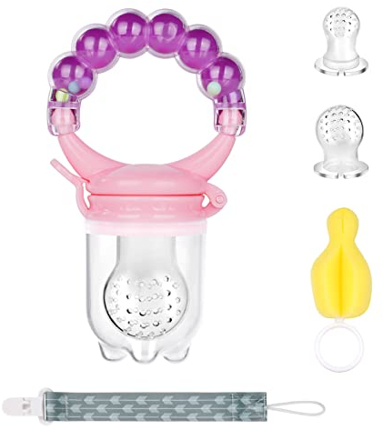 Vicloon Ciuccio per Frutta, Kit 6PZ Ciuccio per Alimenti con 3 Ciuccio in Silicone, 1 Clip per Ciuccio, 1 Spazzola in Spugna, Ciuccio Frutta Neonati con Sonaglio, Allevia il Dolore alle Gengive, Viola