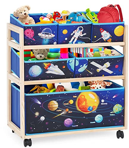 Kids Storage Organizer with Wheels - Utility Rolling Cart with Large Storage Capacity for Bedroom, Toy Room, Playroom - Hold Toys, Books, Blankets (Blue)
