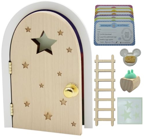 Qué Kawaii® MAGIQUE LA PETITE SOURIS. PORTE QUI S'OUVRE ET BRILLE DANS LE NOIR!!!Porte et escalier qui brille dans le noir+boîte en bois pour ranger les dents+Assiette+Fromage+étoiles+6 certificats