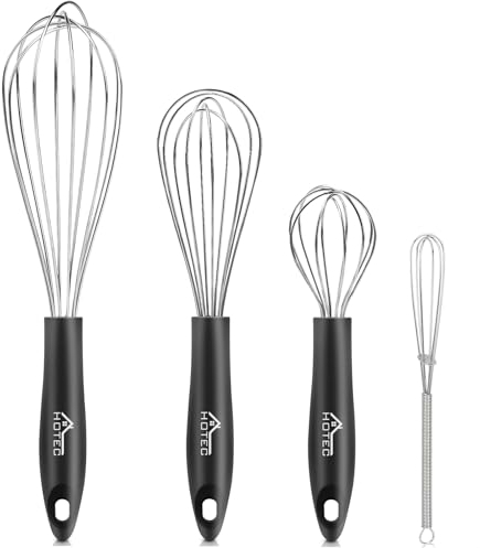 HOTEC 4-teiliges Edelstahl-Schneebesen-Set, Drahtballon-Schneebesen, Eierschlägel, Dicker Draht und Rutschfester Griff, Perfekt zum Kochen, Rühren, Schlagen und Mischen (Silber)