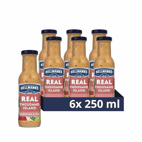 Hellmann's Real Thousand Island Salad Dressing & Dip vegetarian condiment free from artificial colours and flavours for salads, sandwiches, salmon and prawn cocktails 6x 250 ml