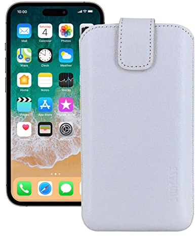 Suncase Leder Tasche kompatibel mit iPhone 15 Pro (6,1 Zoll) Hülle mit ZUSÄTZLICHER Transparent Case | Silikon Bumper Handytasche (mit Rückzugsfunktion und Magnetverschluss) in vollnarbig-Weiss