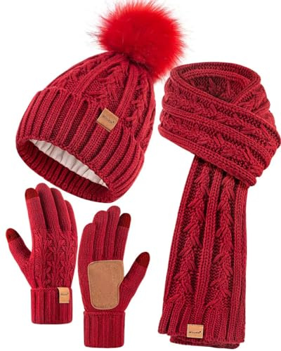 Winuesa Mütze, Schal & Handschuh-Sets für Damen, Beanie Mütze Damen Winter mit Bommel Fleece Gefütterte, Touchscreen Handschuhe Schal Wärmer Mütze Damen 3 in 1 Geschenk Set(Burgund)