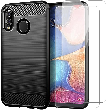 Handyhülle für Samsung Galaxy A20E mit 2 Stücke Schutzfolie, Weich TPU Anti-Fingerabdruck Hülle, Stoßfest und Absturzsicherung Schutzhülle (Schwarz)