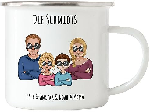 Kiddle-Design Familien Emaille Tasse Personalisiert Vater Mutter 2 Kinder Muttertag Vatertag Papa Mama Coole Family Sohn Tochter