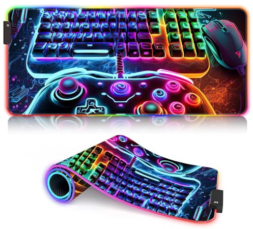 Tapis de Souris de Jeu RGB LED 14 Modes d'éclairage 7 Couleurs Étanche Clavier Étendu Gaming Neon 35 x 60 cm