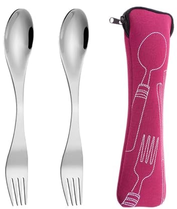 Lot de 2 fourchettes et cuillères, 1 sac à couverts, fourchettes et cuillères en acier inoxydable, fourchettes et cuillères portables 2 en 1, vaisselle légère réutilisable pour le camping et les