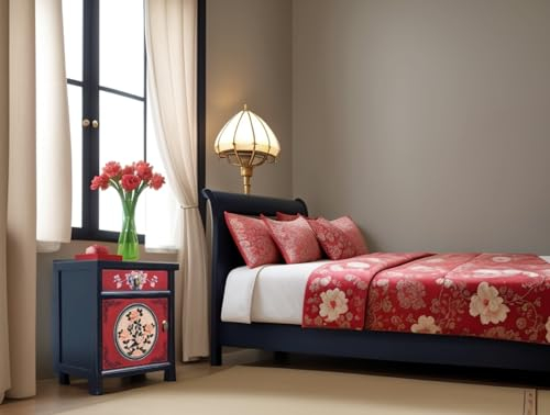 OPIUM OUTLET Möbel Nachtkästchen Nachttisch Nachtkommode Nachtschrank Schrank Kommode Vintage chinesisch asiatisch orientalisch handbemalt Holz komplett montiert rot-schwarz