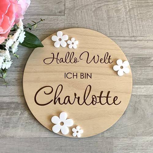 Personalisierte Hallo Welt ich bin, Holzschild mit Name, Blumen Gänseblümchen, Meilensteinkarte aus Holz, Baby-Ankündigung Schild für Baby Geburt, Neugeborenes Baby, Babyparty-Geschenk (Design 10)