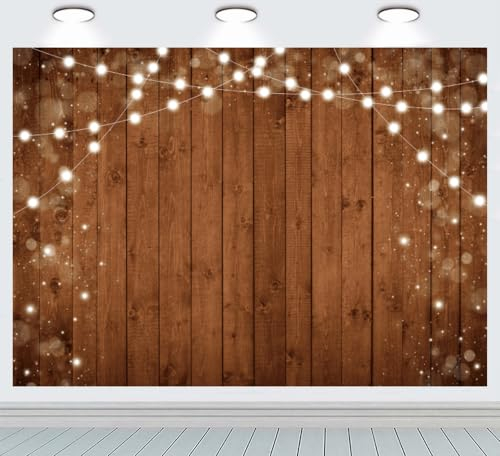 INRUI Holz Backdrop Rustikale Holzwand Fotografie Backdrop Retro Braunes Holzbrett mit Lichtschnur Fotobanner Holzwand Studio Dekoration (2,4 x 1,8 m)