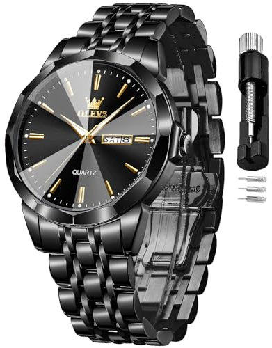 OLEVS Herrenuhr Luxus Business Dress Uhr UK Diamant Design Quarz Edelstahl Wasserdicht Leuchtende Woche Kalender Geschenk, 3615: komplett schwarz, Armband