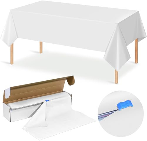 YIDAKO Rouleau de nappe blanche jetable rectangulaire en plastique avec cutter coulissant pour anniversaire, mariage, fête prénatale, décorations de fête