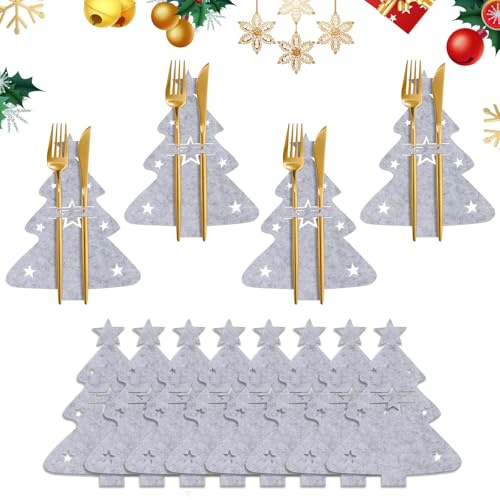Minicoco 12 Pcs Christmas Cutlery Holders, Felt Christmas Silverware Tableware Holder Pockets Grey Christmas Cutlery Bag Xmas Table Decorations Christmas Tree Cutlery Holders for Kitchen Supplies