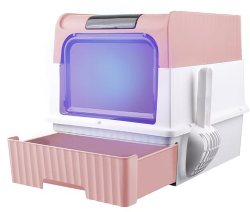 Bandeja de Arena,desinfección Ultravioleta, CerradaArenero Gatos Cubierto Grande, Caja de Arena con Bandeja Extraíble de Masajeador Filtro,Antiescapes, Carga de 15 kg-48 * 35 * 36cm. Rosa