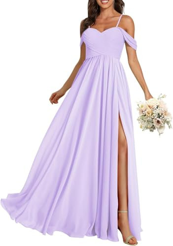 HPPEE Vestido de dama de honor con hombros descubiertos para mujer, para boda, fiesta, con abertura, plisado, de gasa, largo y formal, Lila, 38