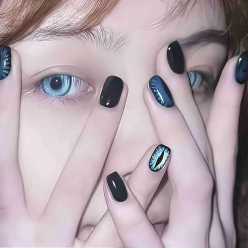 Mgmxbsth 10PCS Handmade Short Square False Nails, Devil's Eye Press on Nails, Cat Eyes Stick on Nails,French Tip False Nails, Full Cover Fake Nails for Women and Girls(Devil)