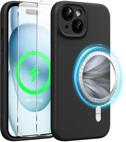 Xiltlly Coque Magnétique en Silicone Liquide pour iPhone 15 6,1 Pouces avec 2 Pièces Verre Trempé, Compatible avec MagSafe Aimants Intégrés, Étui Housse Antichoc Anti-Rayures Case pour iPhone 15, Noir