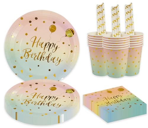 BOKFJBP Lot de 80 assiettes de fête d'anniversaire - Doré dégradé - Réutilisables - Fournitures en papier, serviettes, tasses, pailles pour fête prénatale, mariage, décoration de mariage - Pour garçon