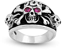 Jewellery Pit - Handgefertigter Totenkopfring mit Rubin - Gothic Biker Ring aus poliertem 925 Sterling Silber - Herren Siegelring und Verlobungsring mit Gravur (57)