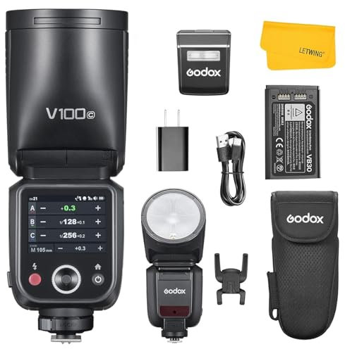 Godox V100C V100-C Flash pour Canon, 100Ws TTL 2.4G sans Fil Flash à Tête Ronde Speedlite HSS 1/8000s, 400 Flashs à Pleine Puissance, Lampe de Modélisation LED, Externe Flash pour Canon Caméra