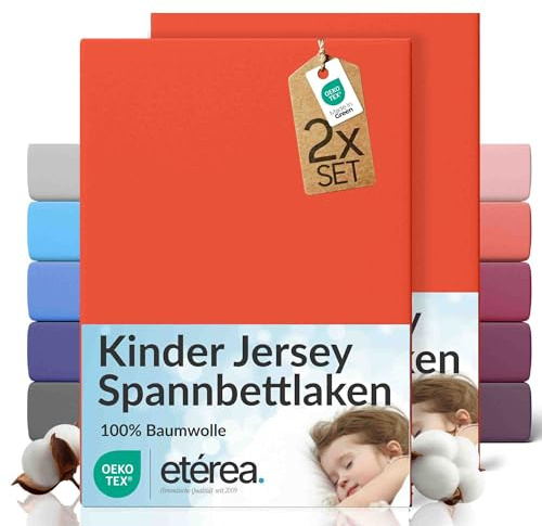 etérea Jersey 2er Set Spannbettlaken 80x160cm - 80x180cm Terra bis 20 cm Höhe - 100% Baumwolle Spannbetttuch Oekotex - Kinder Doppelpack Bettlaken 80x160 cm - 80x180 cm - Orange