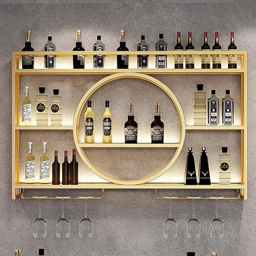 SXHEYUY Botellero Vino Pared para Vinoteca Wine Rack, Unidad Barra Flotante para Exhibición Botellas Licor, Estantería Vino Pared, Botellero Metal para La Pared con Portavasos,Oro,M