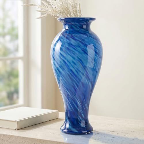 20 (50,8 cm) Hohe Blaue Glasvase Handgeblasen Große Stehende Glasvase für Zuhause Dekor, Hübsche Moderne Dunkelblaue Blumenvasen, Jarrones Grandes para Sala Elegantes, Große Vasen für Wohnzimmer