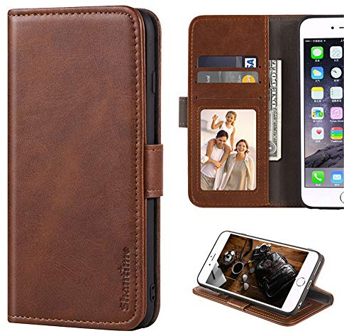 Shantime Elegante Leder Wallet Case Kompatibel mit Motorola Moto One Vision, Magnetische Flip Hülle mit Kartenfach, Fotofenster und Standfunktion(Braun)