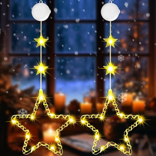 Buudala Weihnachtsdeko Fenster Innen, 2 Stück LED Stern Weihnachtsbeleuchtung Lichter mit 3 Beleuchtungsmodi, Timer, Saugnäpfe, Fensterbeleuchtung Weihnachten für Balkon, Party(Warmweiß)