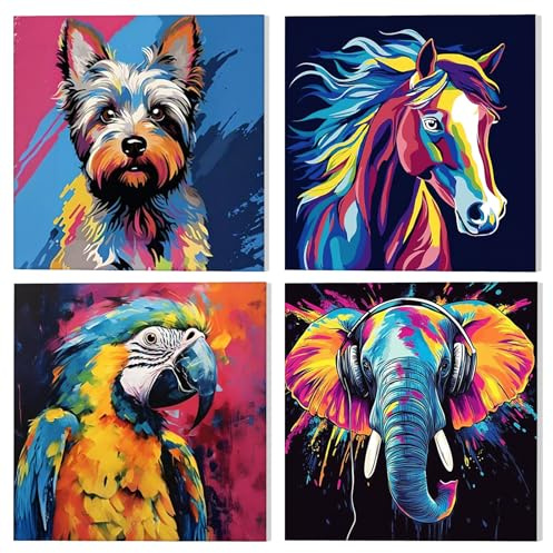 NAIMOER 4 Pièces Colorés Animaux Peinture par Numéros pour Adulte avec Cadre, Peinture Numéros éléphant Perroquets Enfants 8-12 ans, Cadeaux Décoration Maison 20x20cm