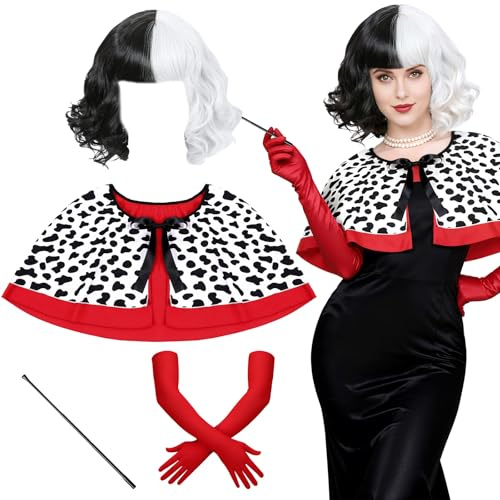 Bryndo 4 Stück Cruella Kostüm Damen Set Halloween Cruella Devil Kostümset mit Umhang Schwarze und weiße Perücke Rot Handschuhe und Lange Stange für Halloween Karneval Fasching Cosplay Partyzubehör