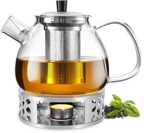 Teekanne Mit Stövchen 1500 Ml, Teekanne Glas Mit Edelstahl Erhitzer, Glas Teebereiter, teekanne Mit Siebeinsatz, Teapot Aus Borosilikatglas Für Aufbrühen Von Alle Teesorten Teebeuteln