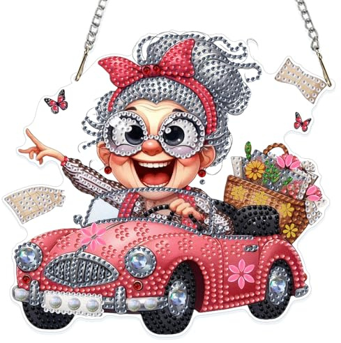 NAIMOER Großmutter Diamond Painting Fensterbilder Beidseitige, Diamond Painting Anhänger mit Kette, Auto Diamant Malerei Bilder Kristall Fensterbilder für Geschenk Wand Dekoration
