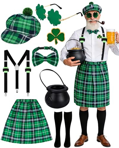 FUNID 8 Pcs St Patricks Day Leprechaun Costume Set with Pot of Gold Bucket Green Irish Plaid Kilt Suspenders Hat Socks Shamrock Brooch, Irish Party Outfit for Men Women