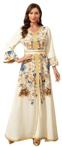 Aibaowedding Muslimische Kleider Damen Abendkleid Dubai Stil Kaftan Robe in Voller Länge Stickerei Blumendruck Islamische Türkische Marokkanische Kleider Hochzeit Abend
