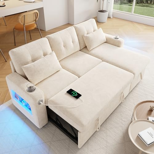 Merax Sofa Ecksofa mit Schlaffunktion und Bettkasten, Praktisches Schlafsofa mit Stauraum, LED-Beleuchtung, USB/Typ-C und 2 Getränkehalter, Ausziehbares Schlafcouch L-Form, Chenille Stoff, Beige