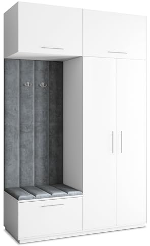Masseno Flugarderoben Set Rema, Kleiderschrank-Set mit Sitzbank, Garderobenschrank Flur mit 5 Regalböden, Weiß