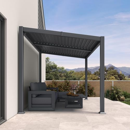 PURPLE LEAF Pergola 2,5 × 3,65 m Wandmontage Alu Lamellen Wasserdicht, Grau | Integrierte Entwässerung, 0–85° Lamellen, Nahtloser Wohnübergang, Freistehend, Terrassenüberdachung klare Montageanleitung