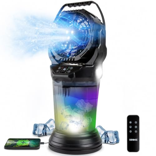 Duronic FM6 Misting Fan, Portable Cooling Mister, 2L Tank, 4 Speeds, Black | Rechargeable Fan, 15W, Remote Control, LED Lights, Emergency Torch, Outdoor Fan for Bedroom, Home Office, Camping, Picnics