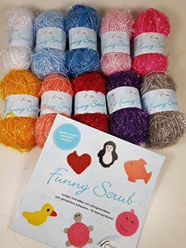 Rellana Funny Scub Schwamm- Garn Häkelset: 10 Farben Schwammgarna 50g und Anleitungsbuch