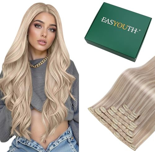 Easyouth Clip Extensions Echthaar Blond Clip in Harverlangerung Remy Echthaar Clip in Extensions Aschblond Mix Gelb 35 cm 70g #18P613