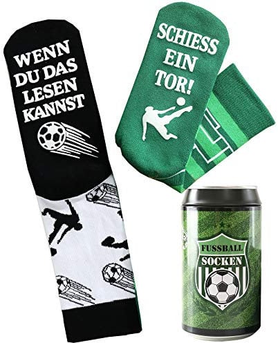 Fussball Socken - Geburtstagsgeschenk für Fußballfans und Fußballer, in einer Design Geschenk-Dose, ausgefallenes Geschenk für Männer & Frauen, mit Spruch WENN DU DAS LESEN KANNST, SCHIESS EIN TOR!