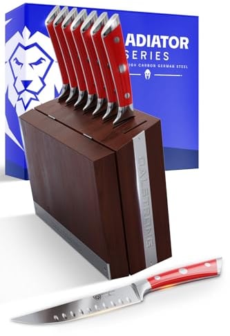 DALSTRONG Steak Knife Set with Modular Storage Block - 5 Straight Edge Blade - Gladiator Series - Set of 8 - Forged High-Carbon German Steel - Crimson Red ABS Handle - NSF Certified