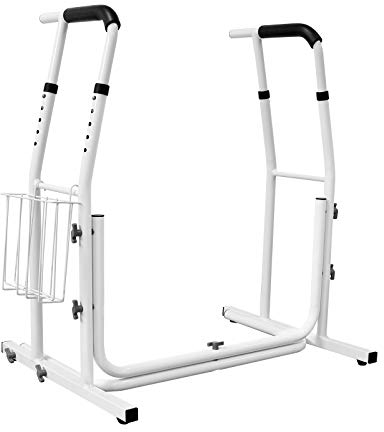 XMTECH Mobile WC-Aufstehhilf Toiletten Höhenverstellbar inkl. Ablagekorb - Toiletten Stützgestell Haltegriff für Bad, Belastbar bis 200kg