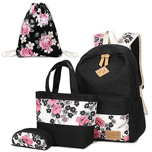 Neuleben Schultaschen 4 Set Schulrucksack + Handtasche + Federmäppchen + Turnbeutel aus Canvas für Damen Mädchen Kinder (Rot)