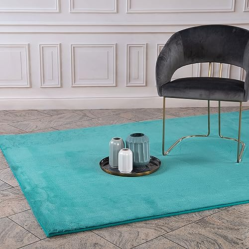 Hochflor Teppich Wohnzimmer - Einfarbig Petrol - 80x150 cm - Super Soft Polyester, Samtig-Flauschiger Flor - Fell-Teppiche für Schlafzimmer, Esszimmer, Arbeitszimmer