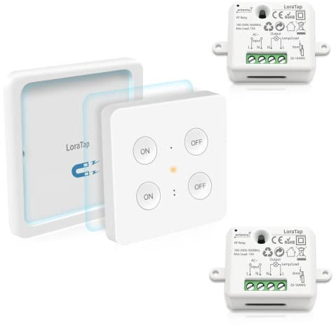 LoraTap Kit Interrupteur Mural Sans Fil, 1 Commande + 2 Récepteurs Radio 868Mhz, Portée 200M, Va et Vient, Commutateur à Distance, Télécommande ON/OFF Pour Eclairage Lampe